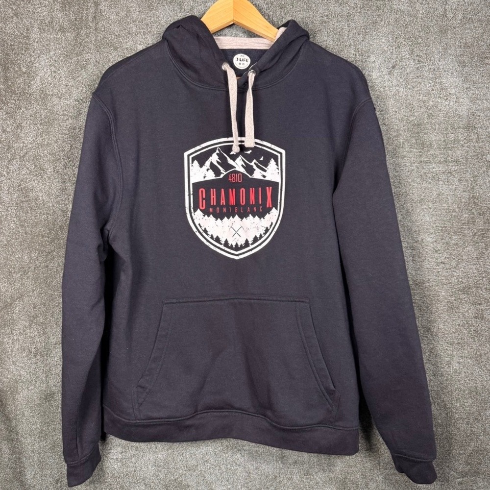 B-Life Chamonix Mont Blanc Hoodie Mens XL Navy Blue Mountain Graphic Sweatshirt